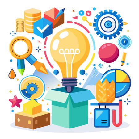 A light bulb pops out of an open box with colorful abstract shapes and icons around it.のイラスト素材