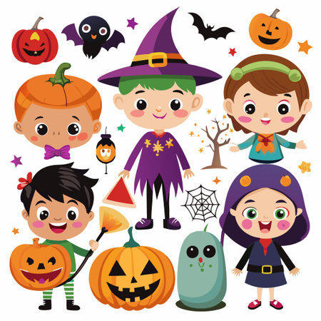 Cute kids in Halloween costumes with pumpkins and bats.のイラスト素材
