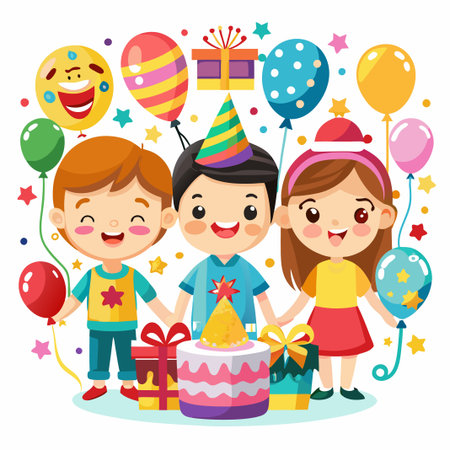 Three smiling children celebrating birthday with cake, presents, and balloons.のイラスト素材