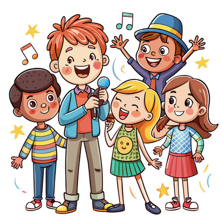 Four happy children singing and dancing with a microphone.のイラスト素材