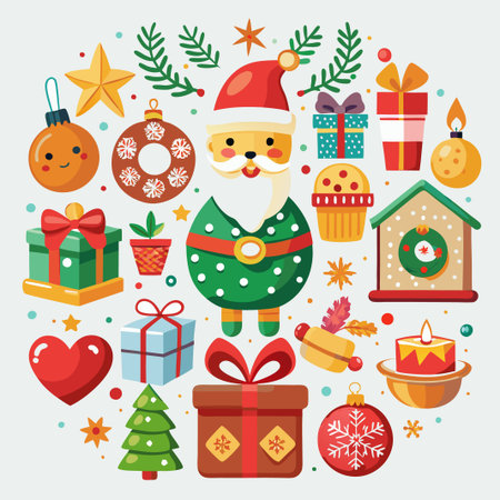 Colorful Christmas elements in a circle, including Santa, gifts, ornaments, candles, and a Christmas tree.のイラスト素材