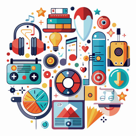 Colorful music and technology icons in a circle.のイラスト素材