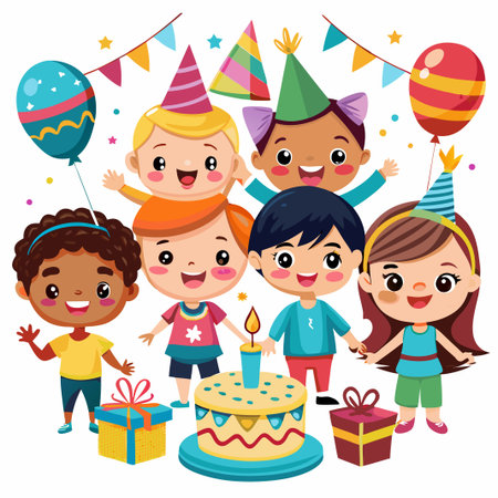 Happy children celebrating birthday with cake, presents, balloons, and party hats.のイラスト素材