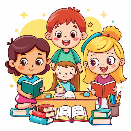 Happy kids studying together at a desk with books, pencils, and a computer mouse.のイラスト素材