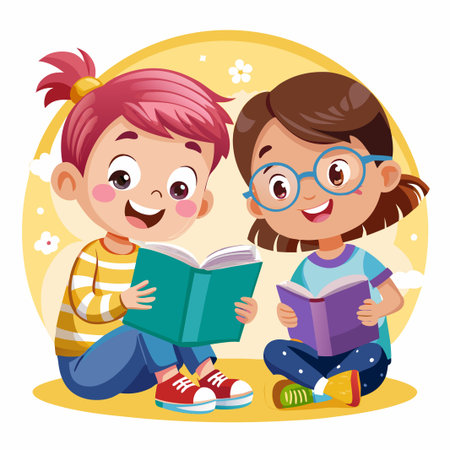 Two happy girls are sitting together, reading books.のイラスト素材