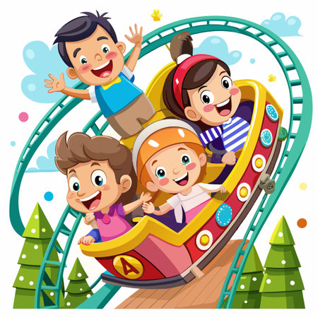 Four happy children ride a roller coaster, smiling and waving their arms.のイラスト素材