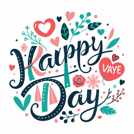 Happy Day -  a handwritten lettering design with flowers and hearts.のイラスト素材