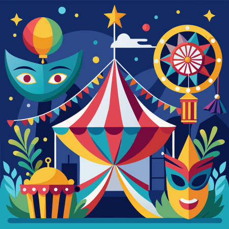 A vibrant carnival tent with colorful decorations and masks under a starry night sky.のイラスト素材