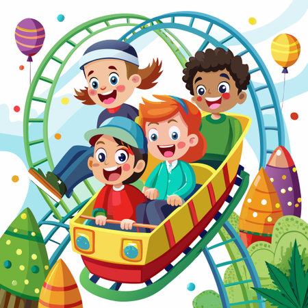 Four happy children riding a rollercoaster at an amusement park. (1)のイラスト素材
