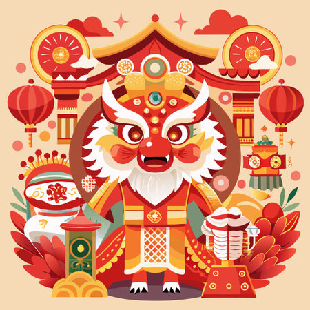 A cheerful red dragon in traditional Chinese attire surrounded by lanterns and other festive decorations, a celebratory illustration for Chinese New Year.のイラスト素材