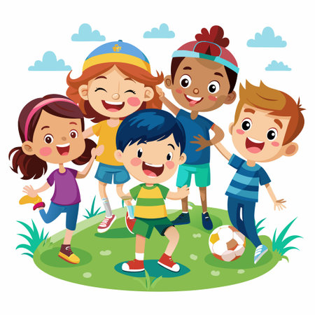 Five diverse children smiling and playing together on a green field with a soccer ball.のイラスト素材