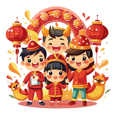 Four children in traditional Chinese clothing celebrate with lanterns and a rooster.のイラスト素材