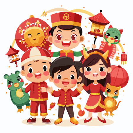 Four children in traditional Chinese clothing celebrate with lanterns, animals, and other festive decorations.のイラスト素材