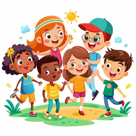 Happy diverse children smiling and playing together outdoors on a sunny day.のイラスト素材