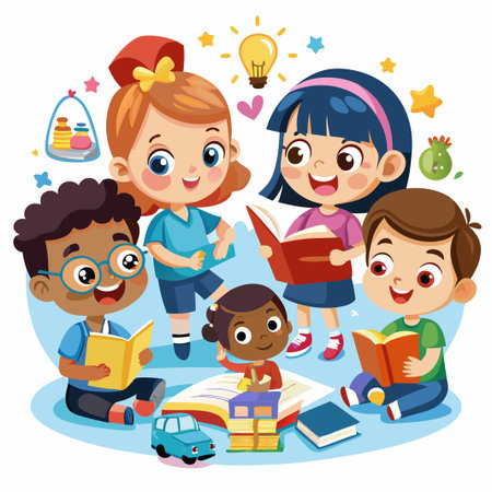 Diverse group of children reading and learning together.のイラスト素材