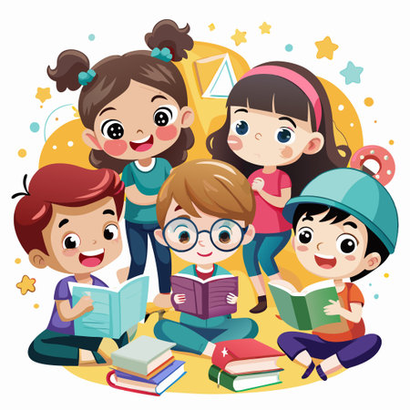 Four children are reading books and smiling in a group. One child is sitting in the middle, while the others are standing around him.  They are all happy and excited about learning.のイラスト素材