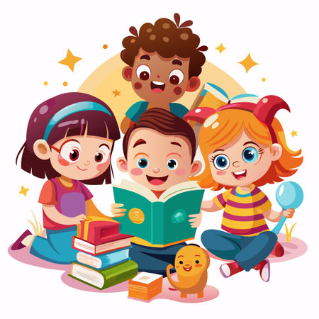 Four happy children reading a book together.のイラスト素材