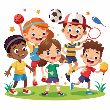 Five happy children playing different sports outdoors.のイラスト素材