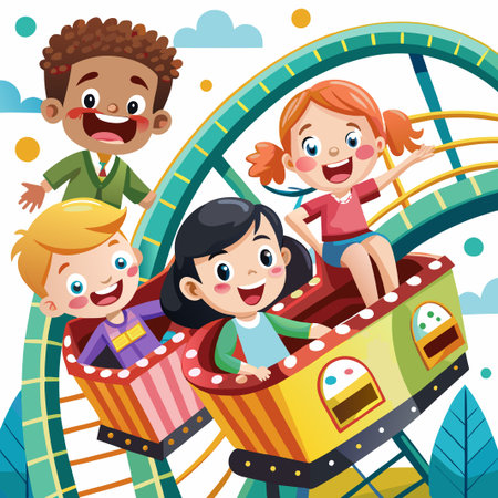 Four happy kids riding a roller coaster, smiling and waving.のイラスト素材