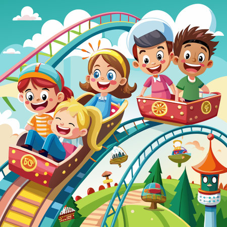 Four happy children riding a rollercoaster in an amusement park.のイラスト素材