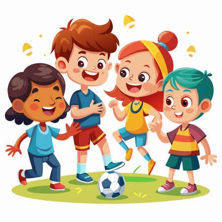 Four happy children playing soccer together on a green field.のイラスト素材