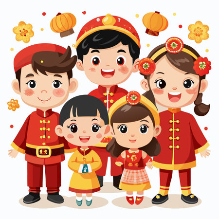 Happy Chinese family in traditional clothing celebrating the Lunar New Year.のイラスト素材