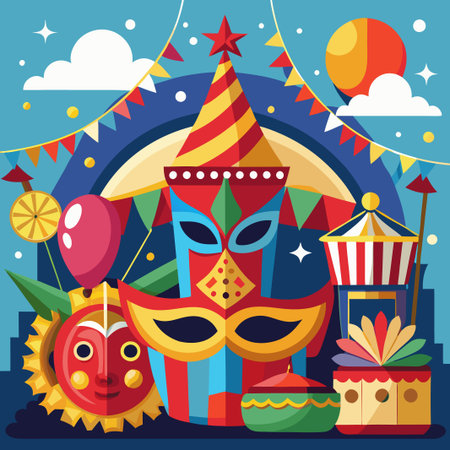 Colorful carnival celebration with masks, balloons, and festive decorations.のイラスト素材