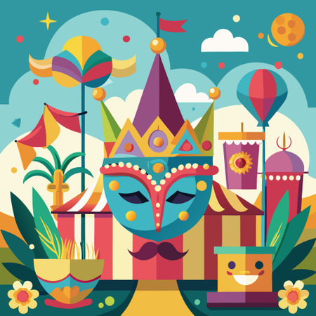 A colorful and whimsical illustration of a carnival with a big top tent, a clown mask, a hot air balloon, and other carnival attractions.のイラスト素材