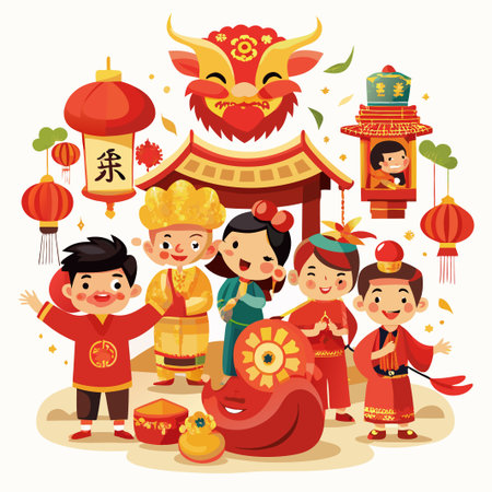 Children celebrating Chinese New Year in traditional costumes, lanterns, and decorations.のイラスト素材