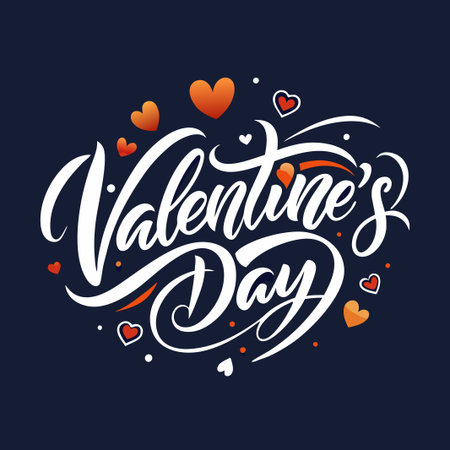 White calligraphy "Valentine's Day" text on a dark blue background with red hearts.のイラスト素材