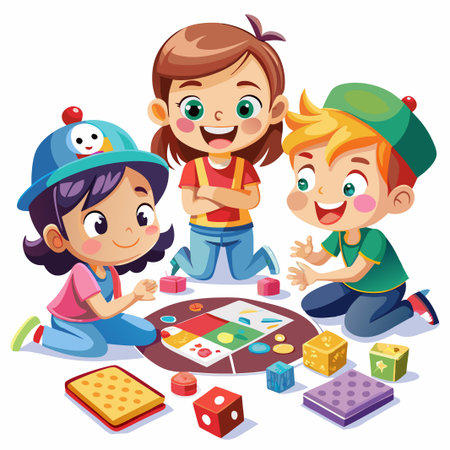 Three happy children playing a board game together.のイラスト素材