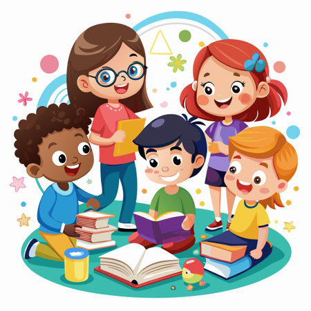 A group of diverse children happily reading together.のイラスト素材