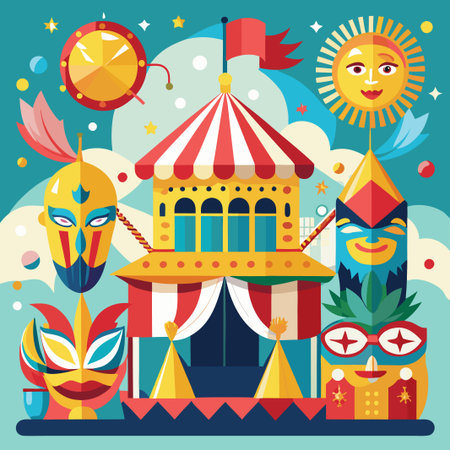 Colorful circus tent with carnival masks and a sun.のイラスト素材