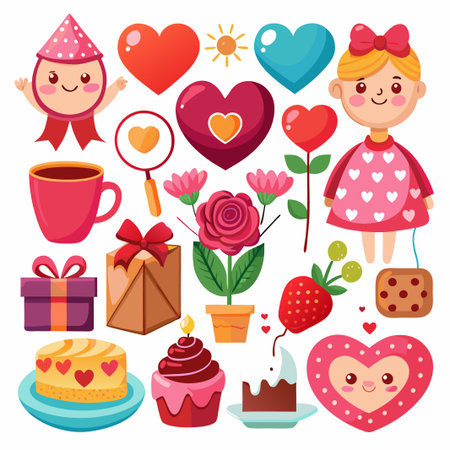 Colorful cartoon Valentine's Day icons set.のイラスト素材