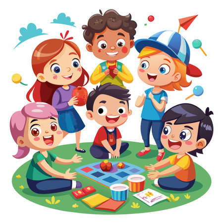 Group of six happy diverse children playing a board game outdoors.のイラスト素材