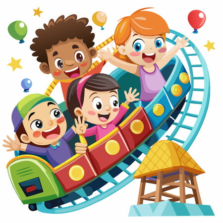 Four happy children enjoying a ride on a roller coaster at an amusement park.のイラスト素材