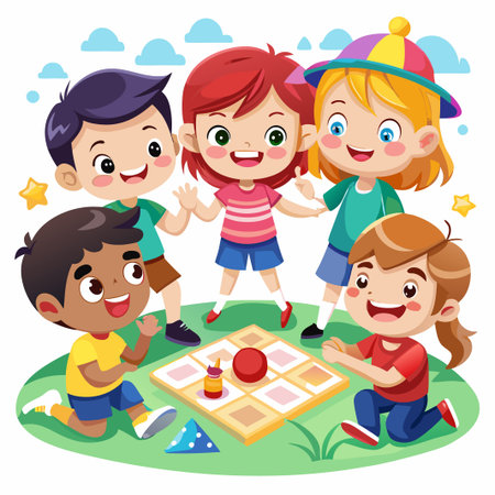 Happy kids playing a board game outdoors with colorful game pieces, stars, and a birthday candle on a green grassy field.のイラスト素材