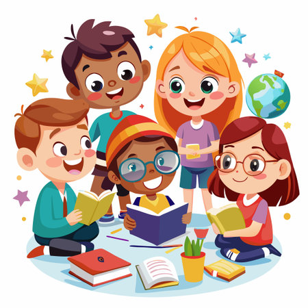 Happy children reading books together in a circle.のイラスト素材