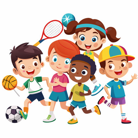 Happy diverse children playing sports together.のイラスト素材