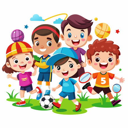 Four happy children playing together on a grassy field.のイラスト素材