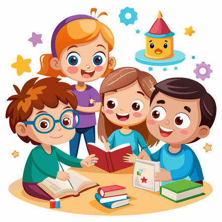 Four children sit at a table reading books together, with a cheerful, cartoon-style depiction.のイラスト素材