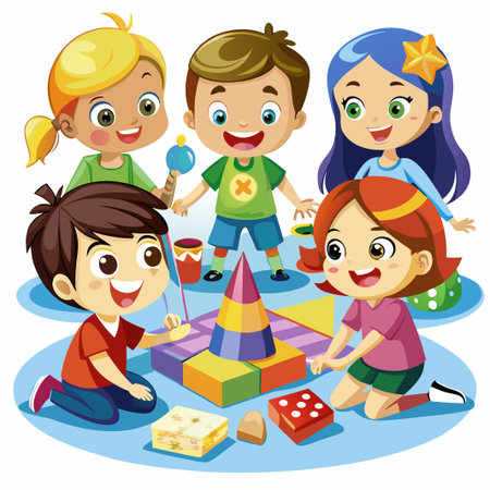 Five happy children playing with blocks and dice.のイラスト素材