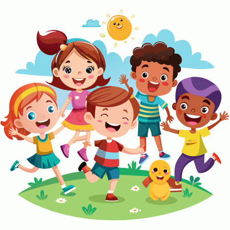Happy children playing outdoors in a green field on a sunny day.のイラスト素材