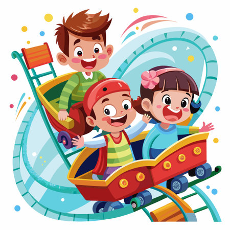 Three happy children enjoy a fun roller coaster ride.のイラスト素材