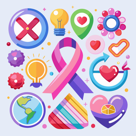 Pink ribbon awareness symbol surrounded by colorful abstract shapes and icons.のイラスト素材