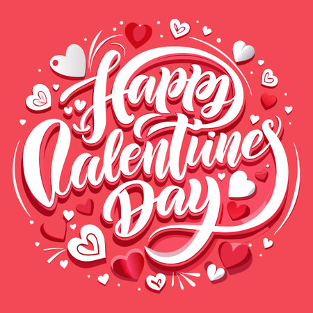 A hand-drawn illustration of the text "Happy Valentine's Day" with red and white hearts on a pink background.のイラスト素材
