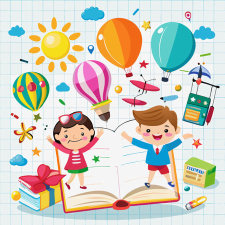 Two happy kids jumping out of an open book with colorful hot air balloons, a sun, and other educational objects floating around them.のイラスト素材
