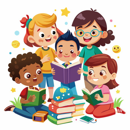A group of diverse children are reading books together.のイラスト素材