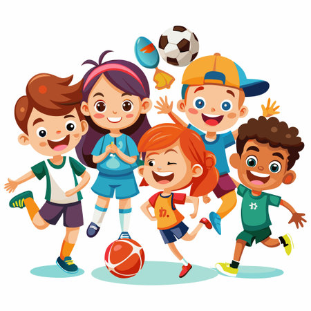 Five smiling children of diverse ethnicities playing with sports balls.のイラスト素材