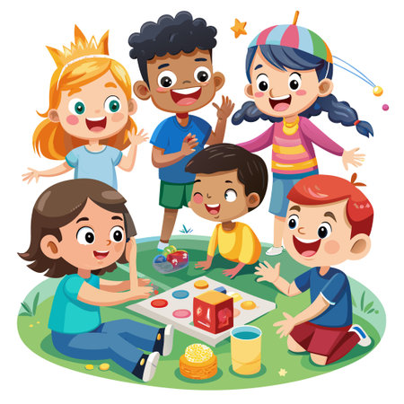 Group of diverse children playing a board game in the park.のイラスト素材